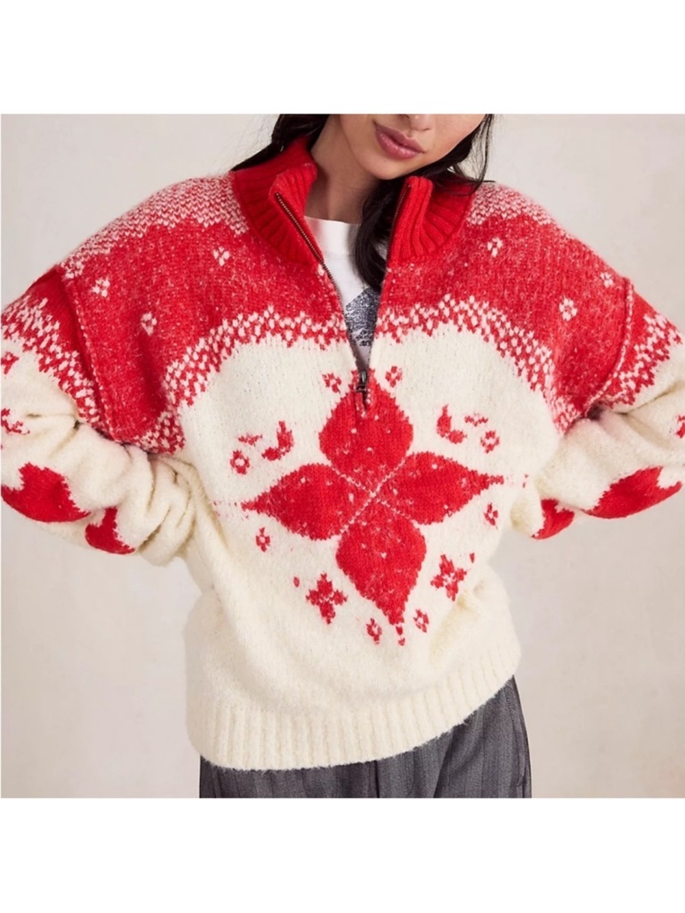 Free People Mythical Knit Sweater in Vanilla Scarlet Combo Red / Cream